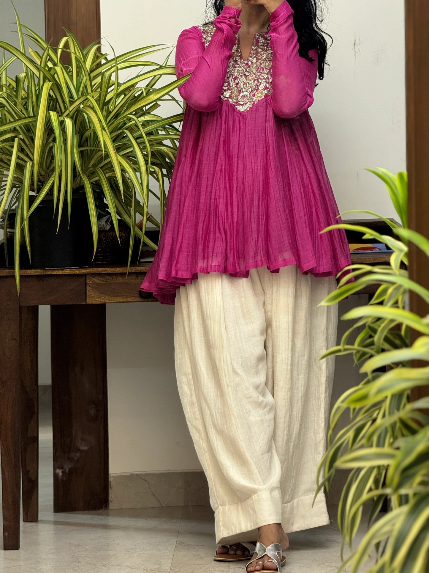 Fuschia pink Mul chanderi embroidered Short Anarkali with Farshi Salwar