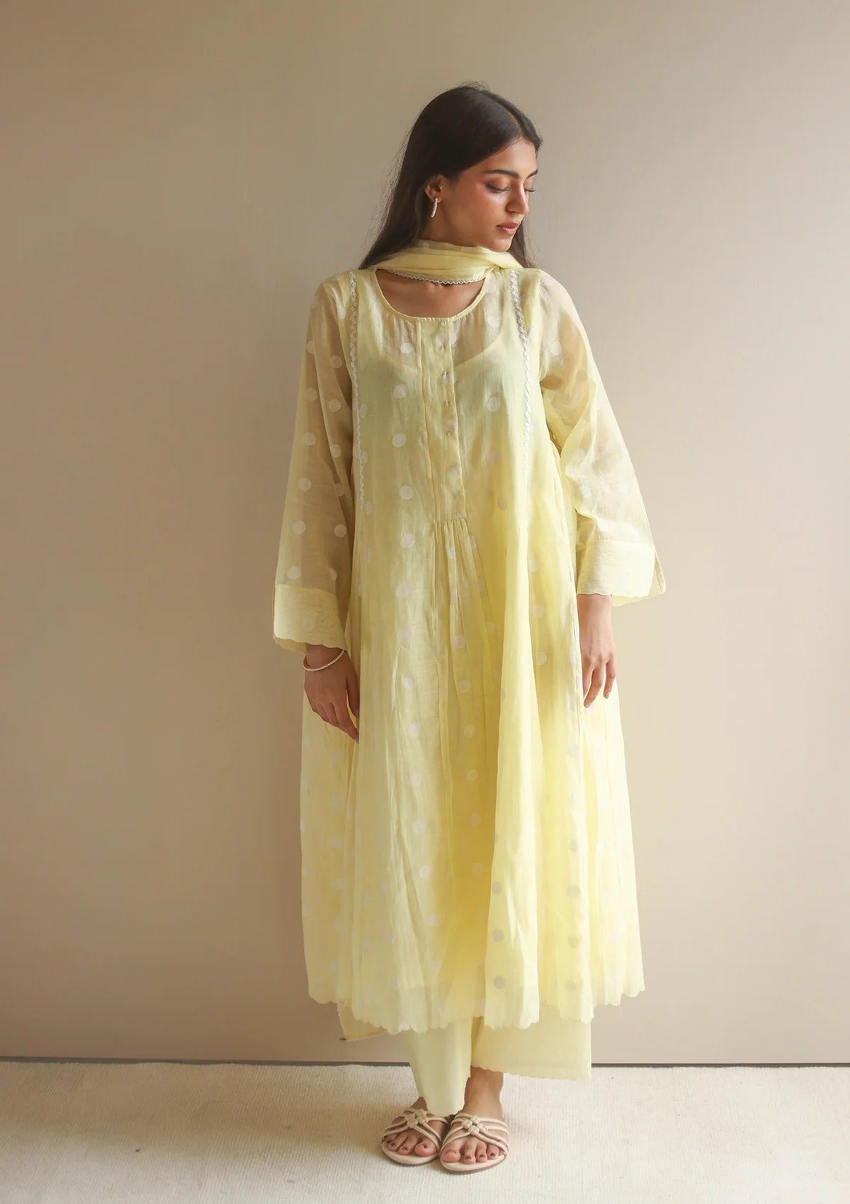 Pure Mul Chanderi Canary Polka Dots Kurta Set