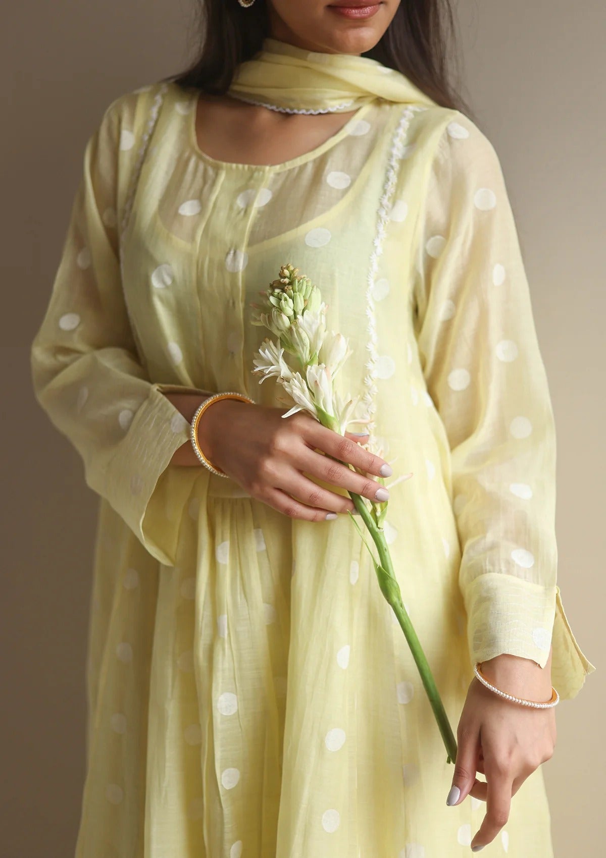 Pure Mul Chanderi Canary Polka Dots Kurta Set