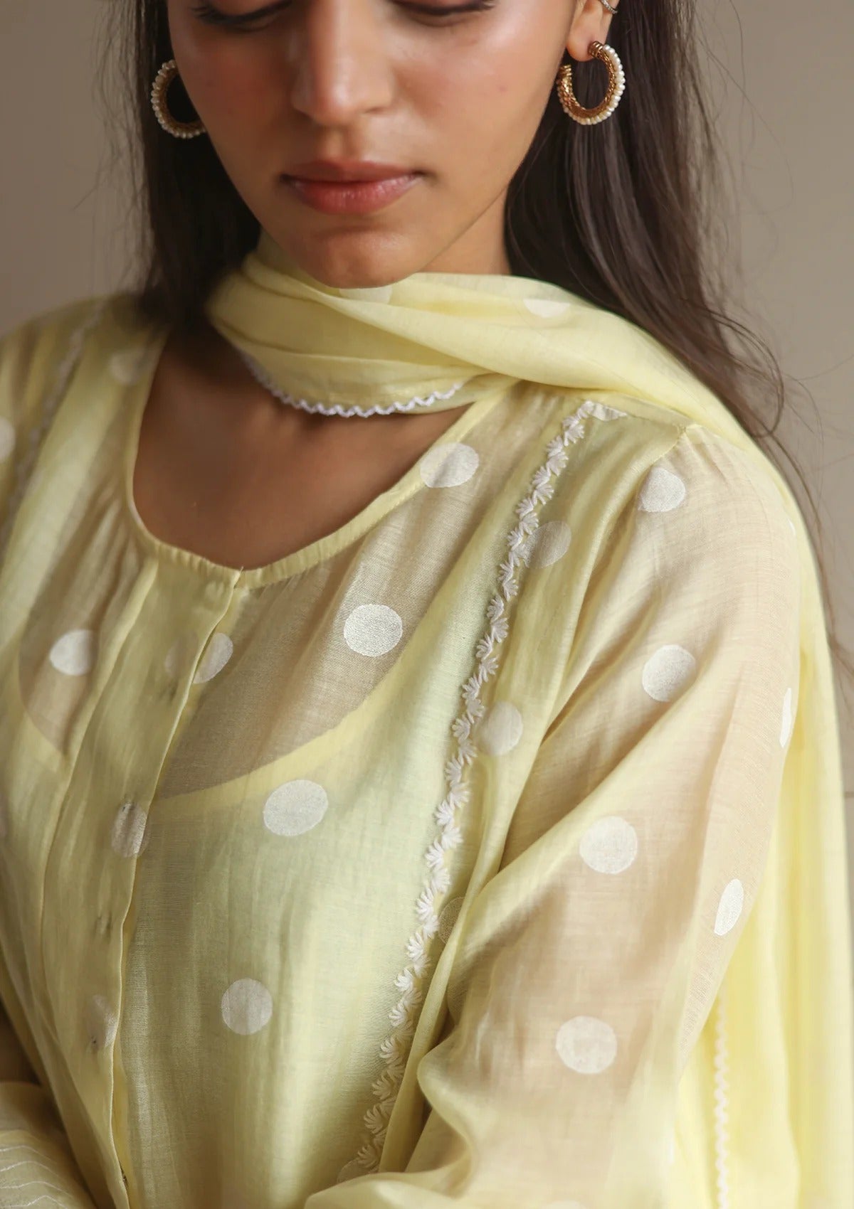 Pure Mul Chanderi Canary Polka Dots Kurta Set