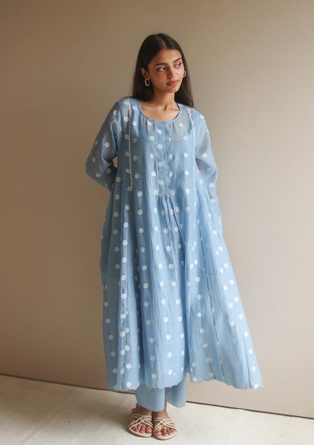 Pure Mul Chanderi Powder Blue Polka Dots Kurta Set