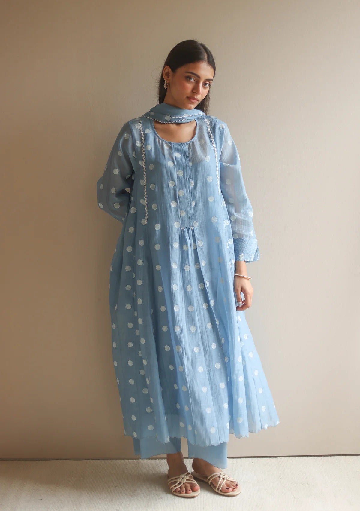 Pure Mul Chanderi Powder Blue Polka Dots Kurta Set