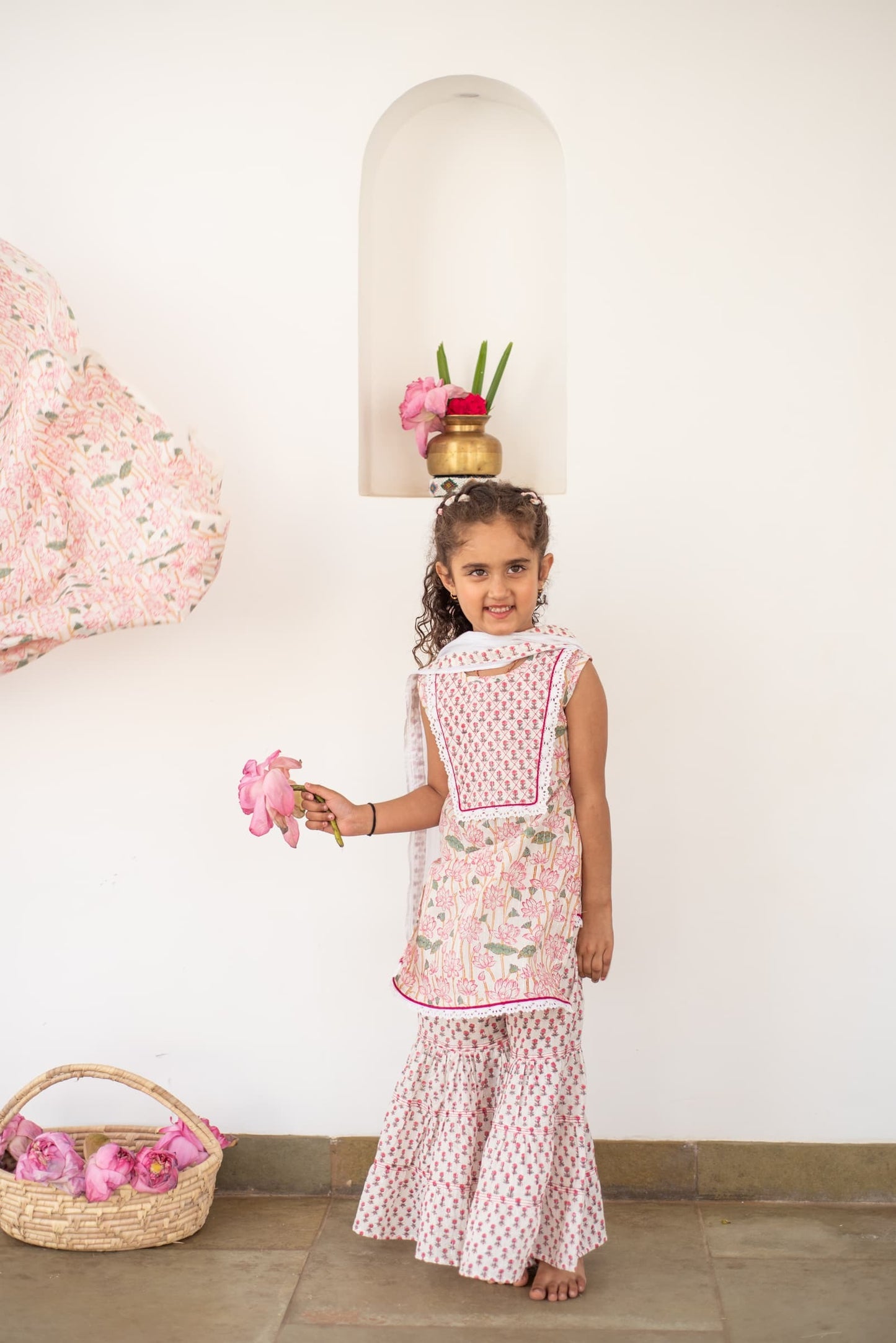 Organic Cotton Hand-block Lotus Lacey Sharara Set - Pink