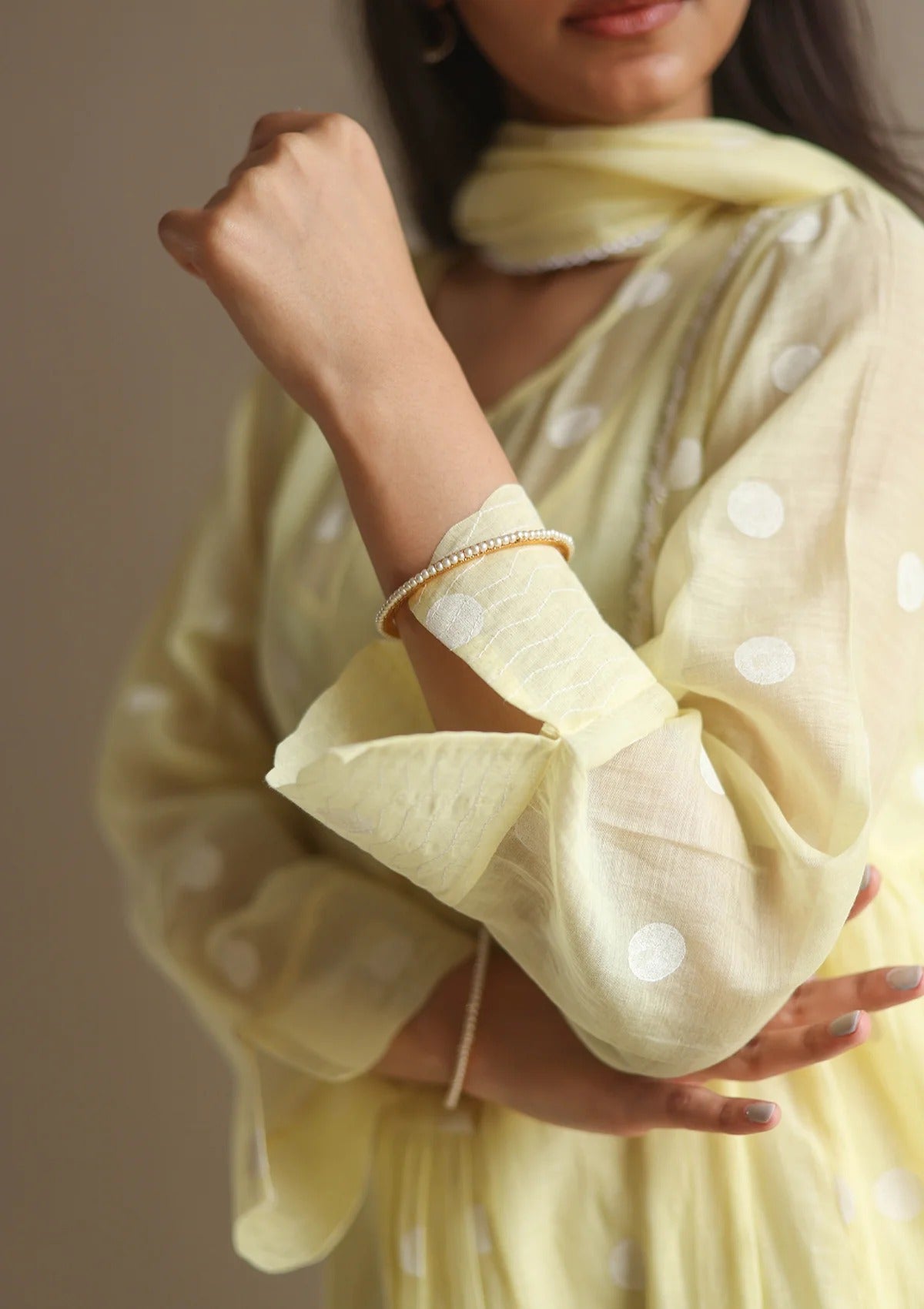 Pure Mul Chanderi Canary Polka Dots Kurta Set