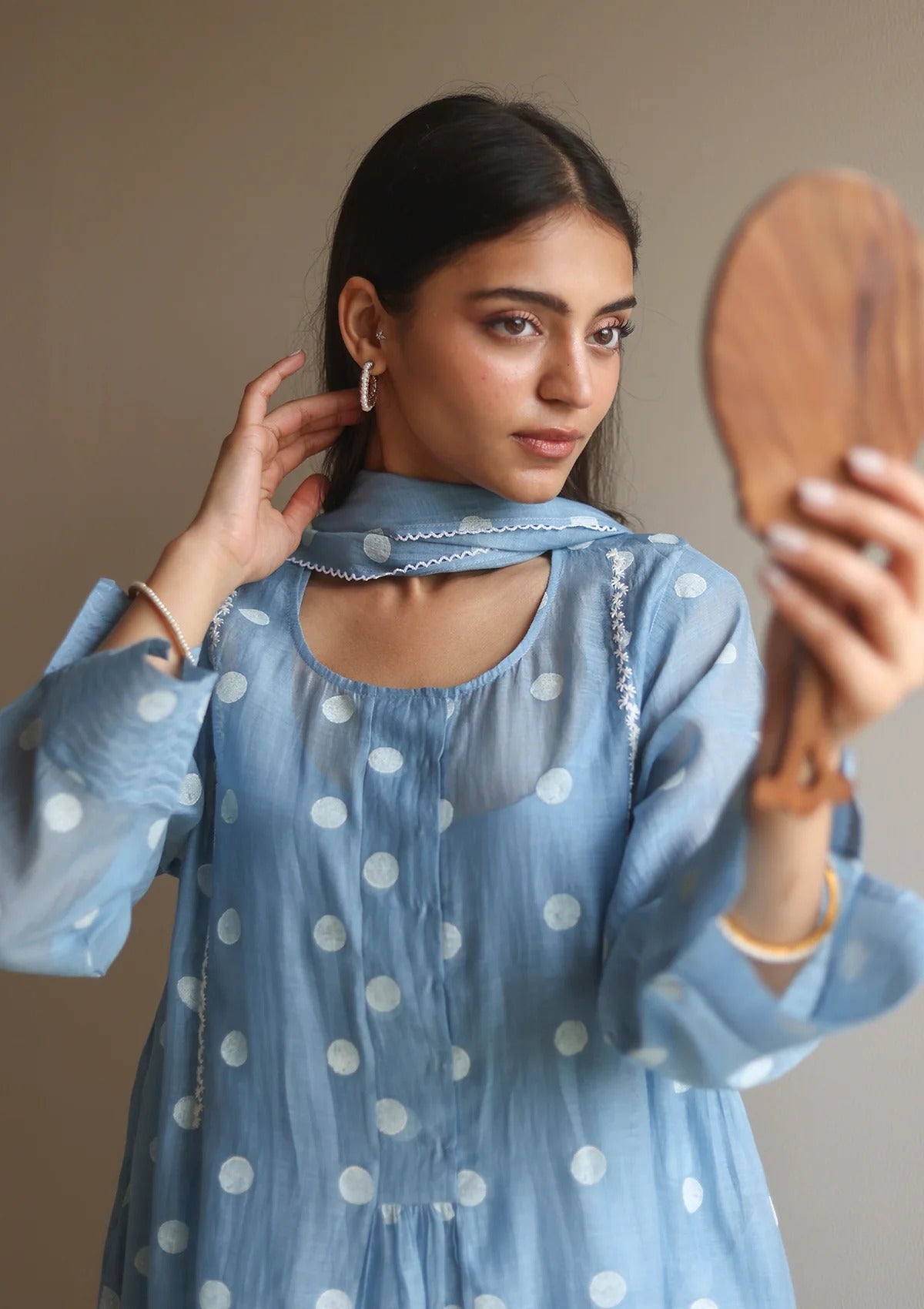 Pure Mul Chanderi Powder Blue Polka Dots Kurta Set
