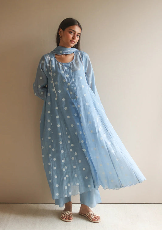 Pure Mul Chanderi Powder Blue Polka Dots Kurta Set
