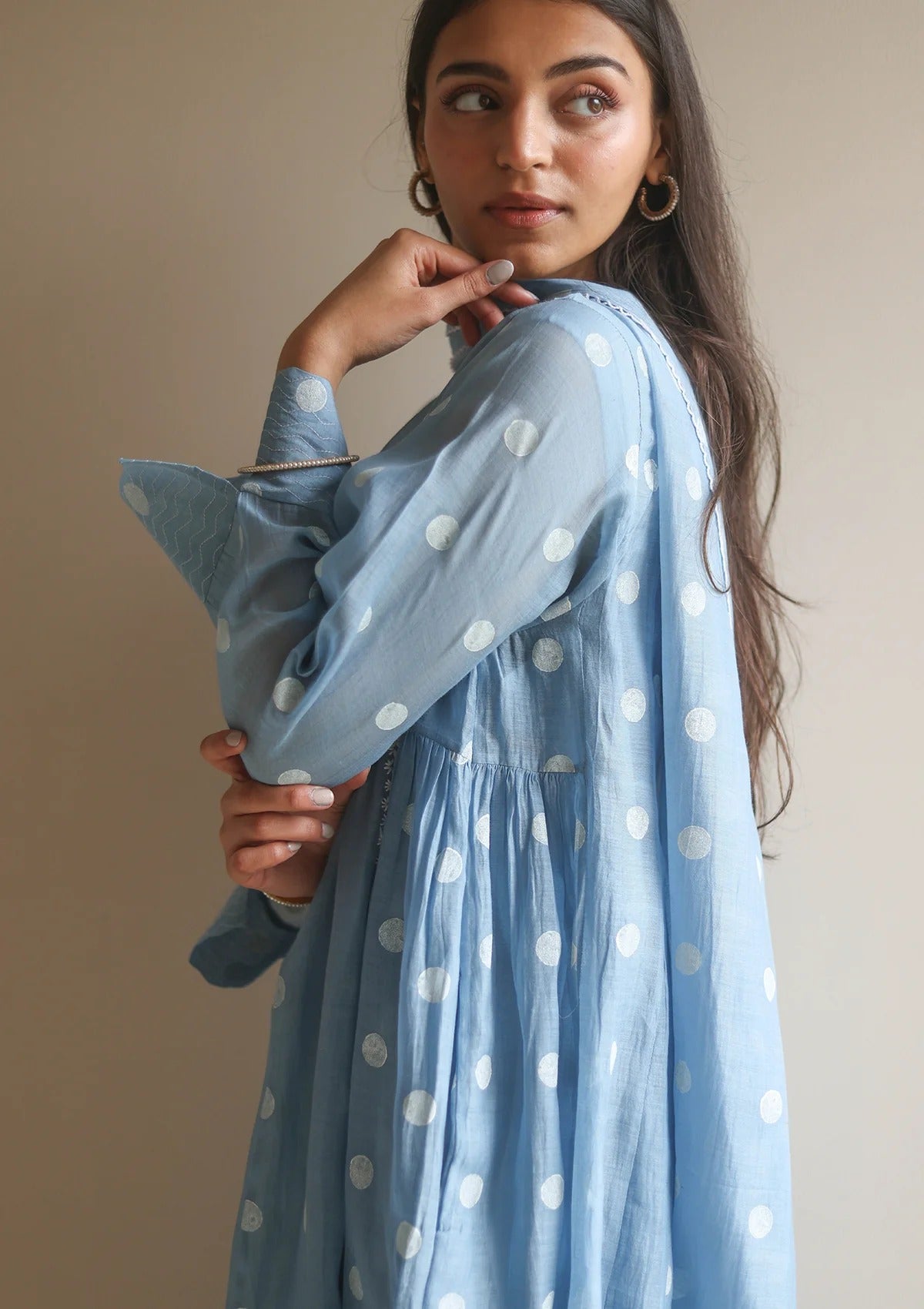 Pure Mul Chanderi Powder Blue Polka Dots Kurta Set