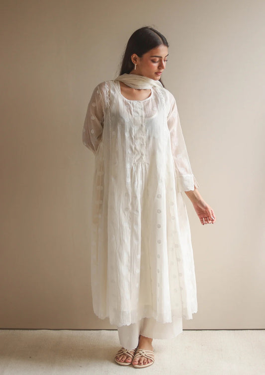 Pure Mul Chanderi Ivory Polka Dots Kurta Set