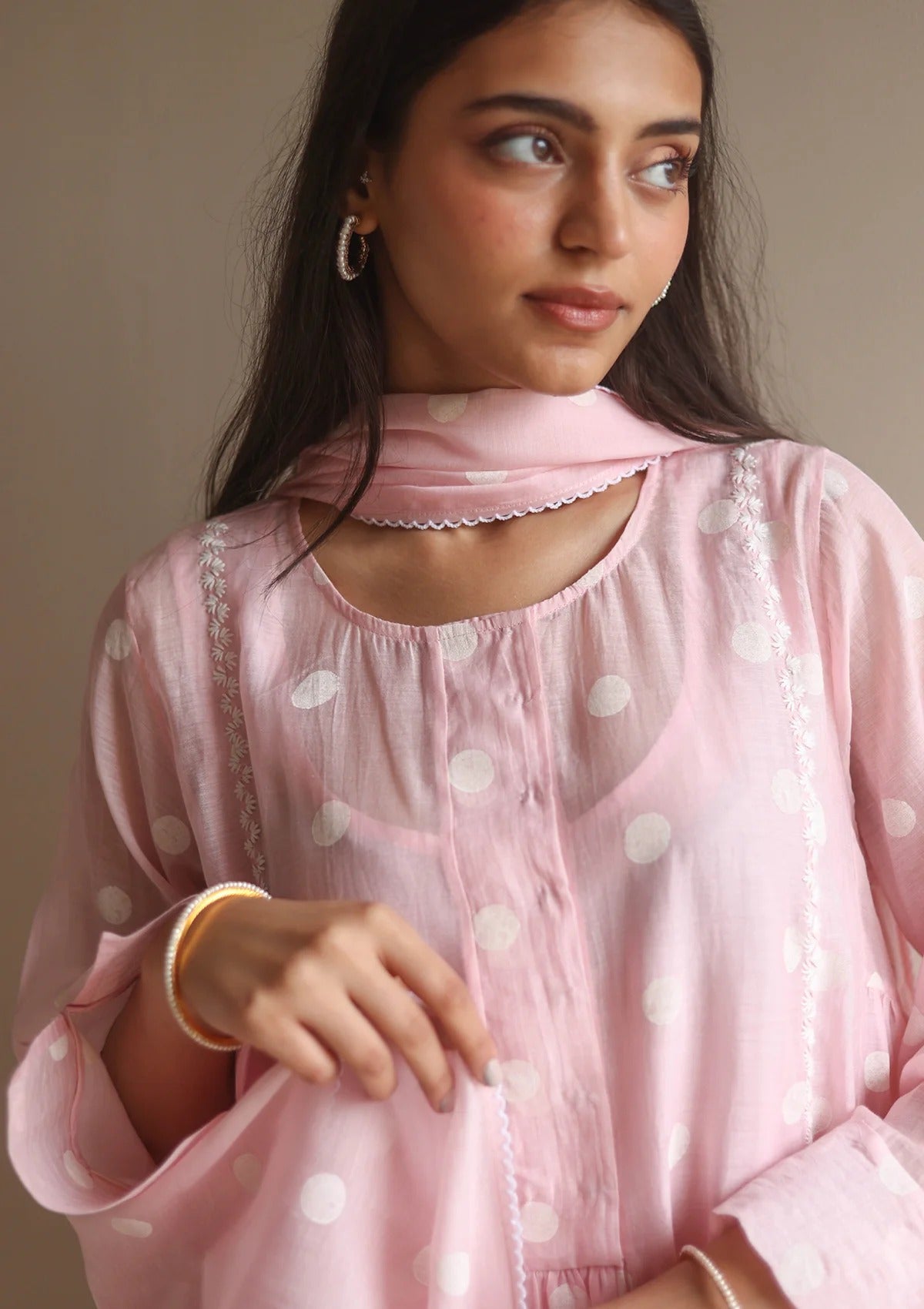 Pure Mul Chanderi Blush Polka Dots Kurta Set