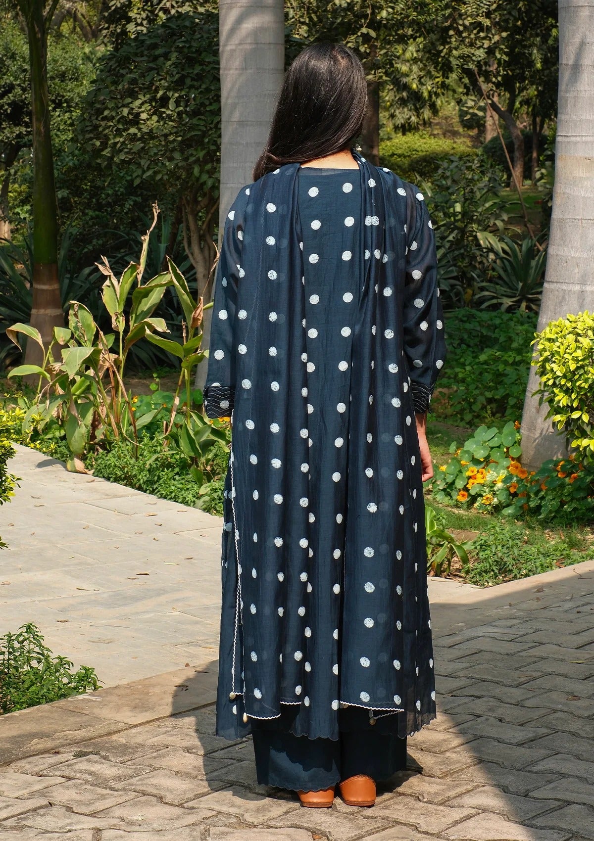 Pure Mul Chanderi Midnight Blue Polka Dots Kurta Set