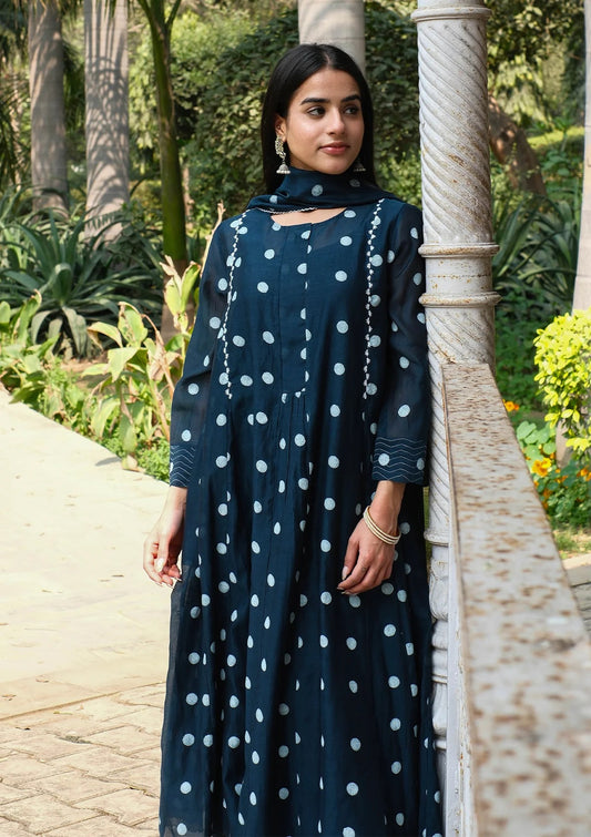 Pure Mul Chanderi Midnight Blue Polka Dots Kurta Set