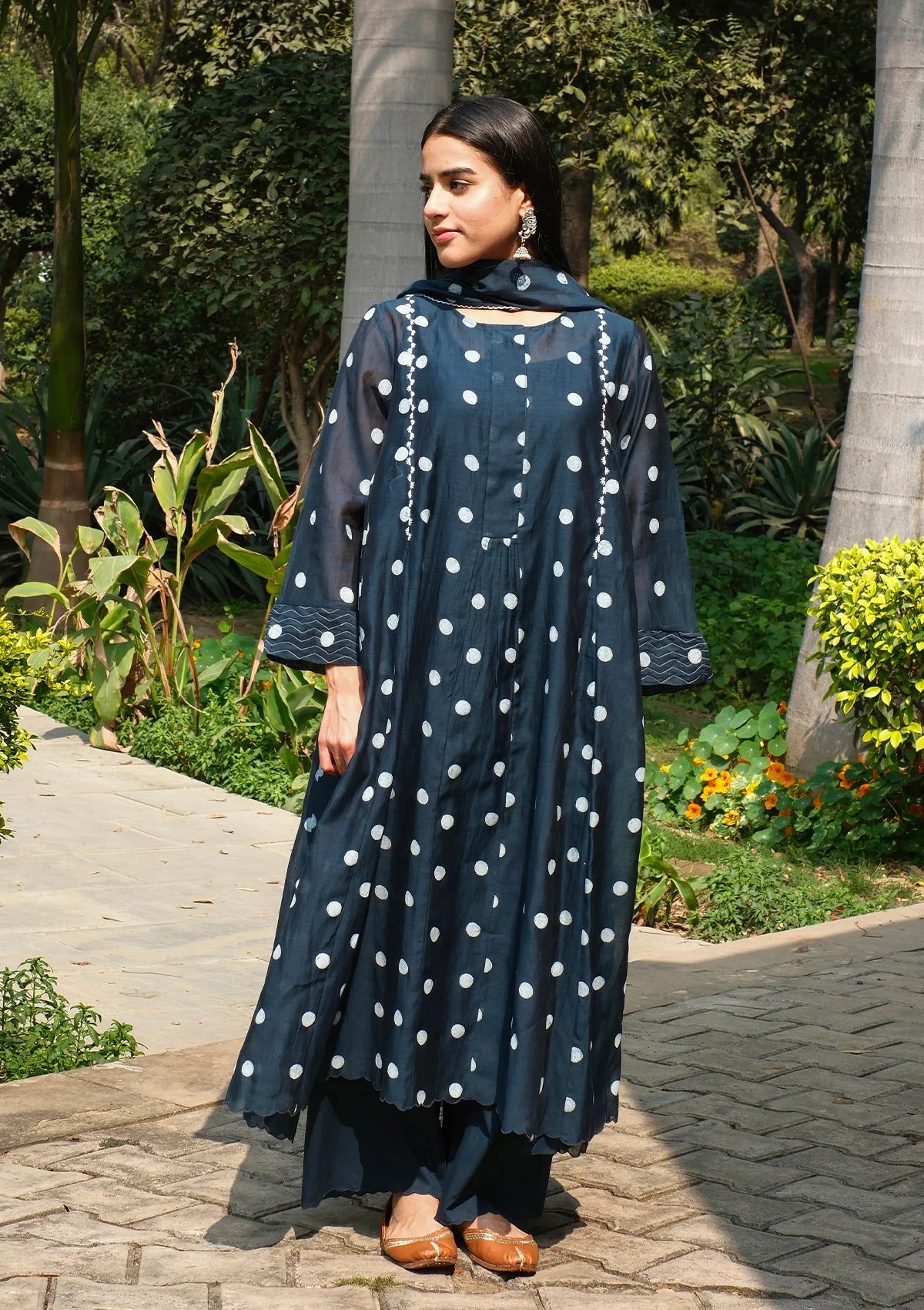 Pure Mul Chanderi Midnight Blue Polka Dots Kurta Set