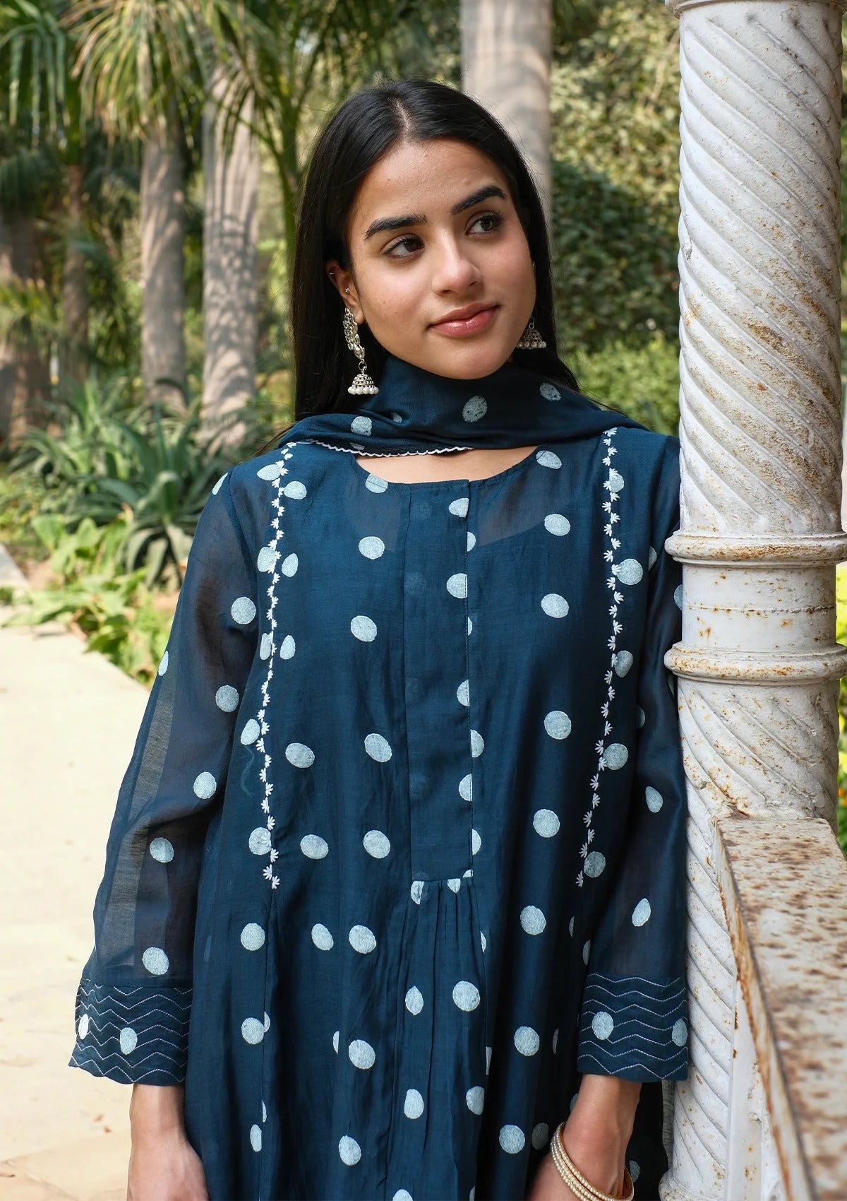 Pure Mul Chanderi Midnight Blue Polka Dots Kurta Set