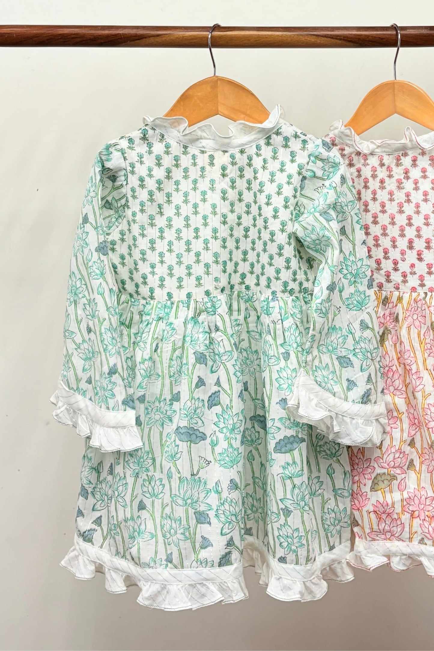 Cotton Silver Lines Handblock Dreamy Angarakha Dress - Green