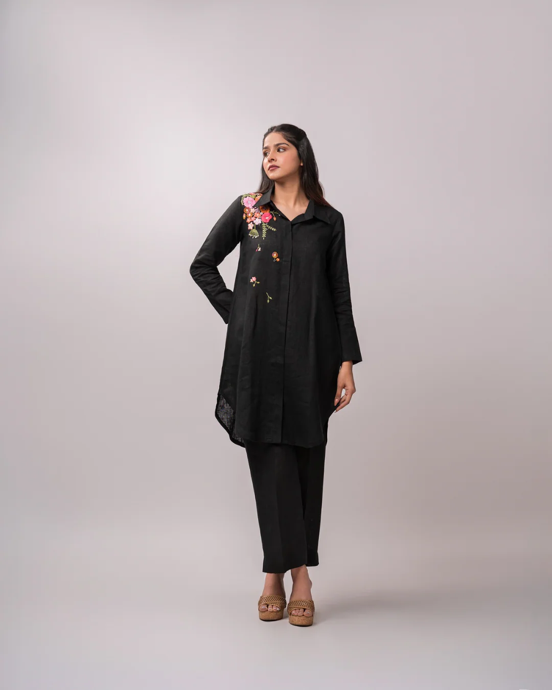 100% Linen Mid Night Bloom Shirt Dress and Pant
