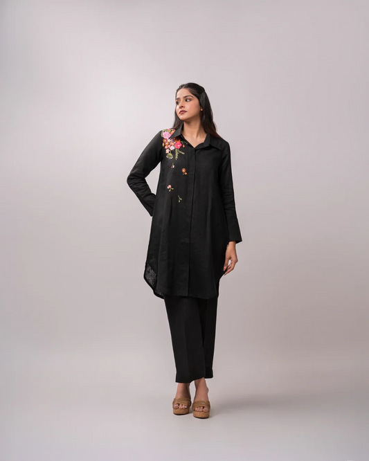 100% Linen Mid Night Bloom Shirt Dress and Pant