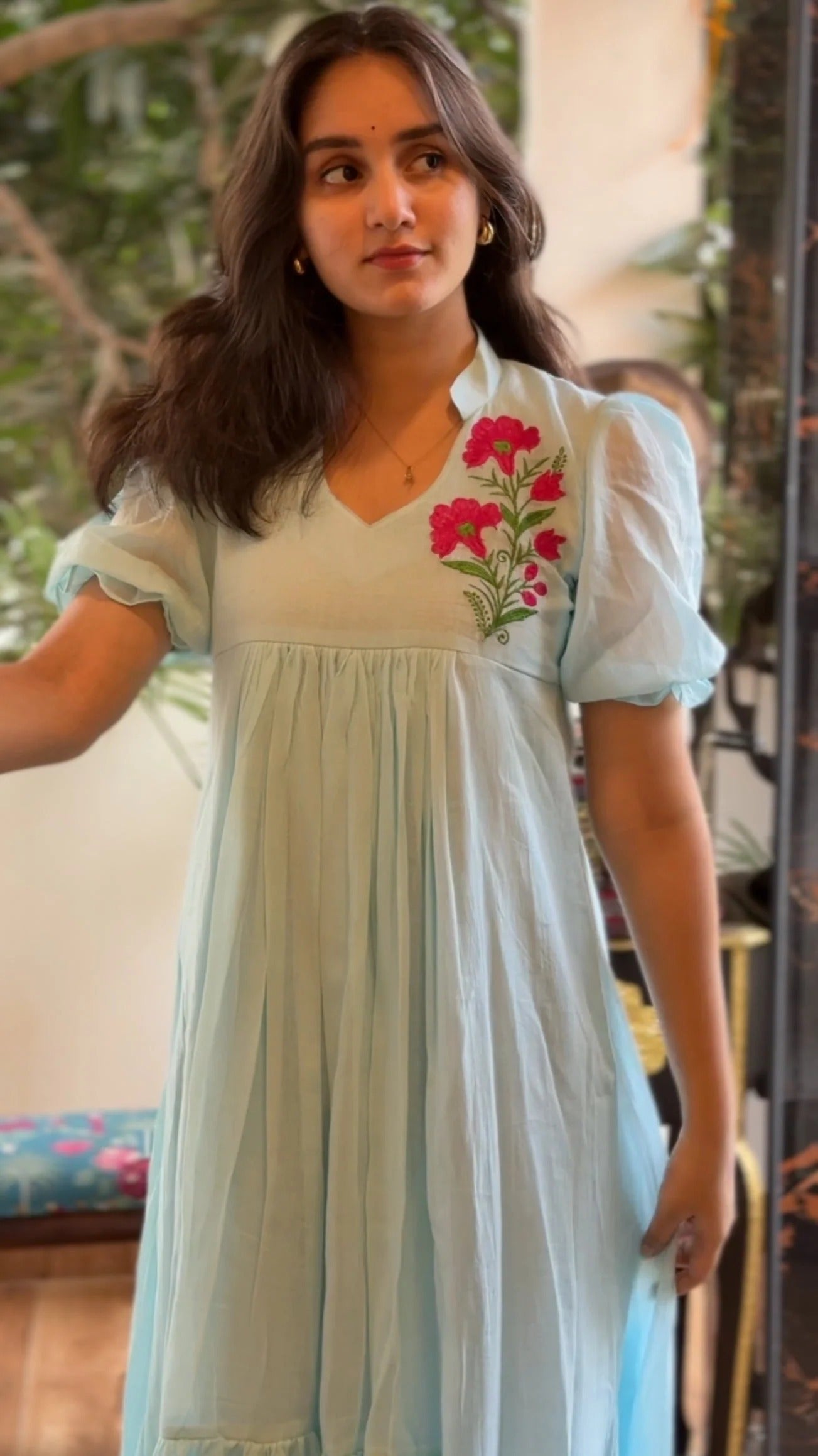 Meadow Bloom Mul Cotton Dress - Pista Green