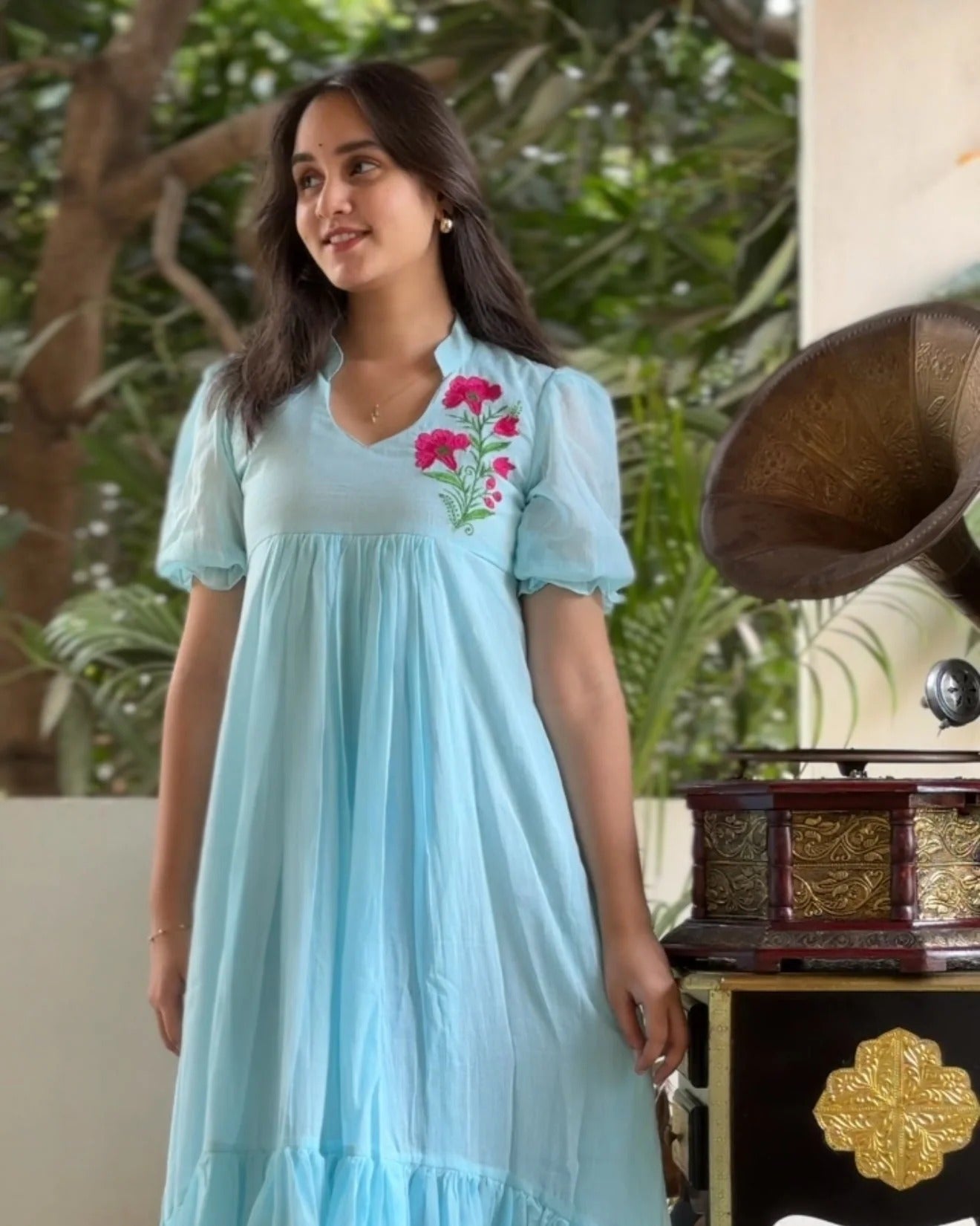Meadow Bloom Mul Cotton Dress - Pista Green