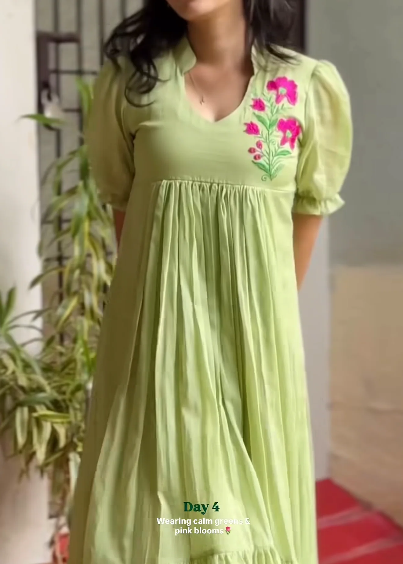 Meadow Bloom Mul Cotton Dress - Pista Green