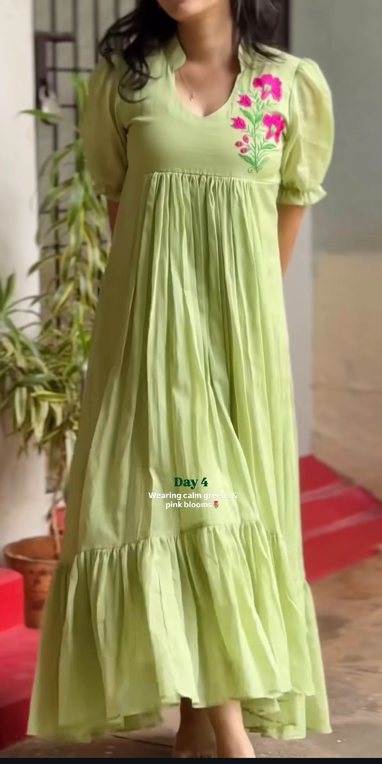 Meadow Bloom Mul Cotton Dress - Pista Green