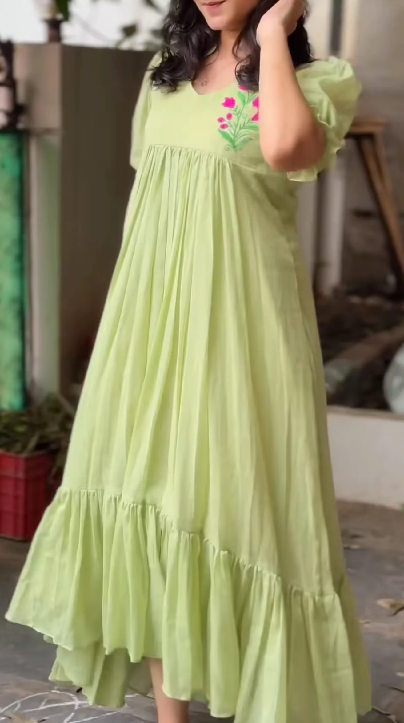 Meadow Bloom Mul Cotton Dress - Pista Green