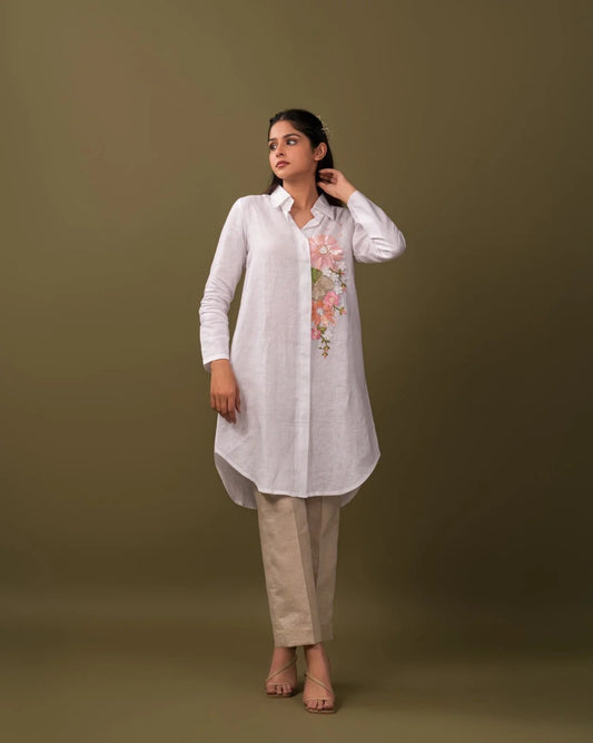 100% Linen Avian Shirt Dress and Pant - White
