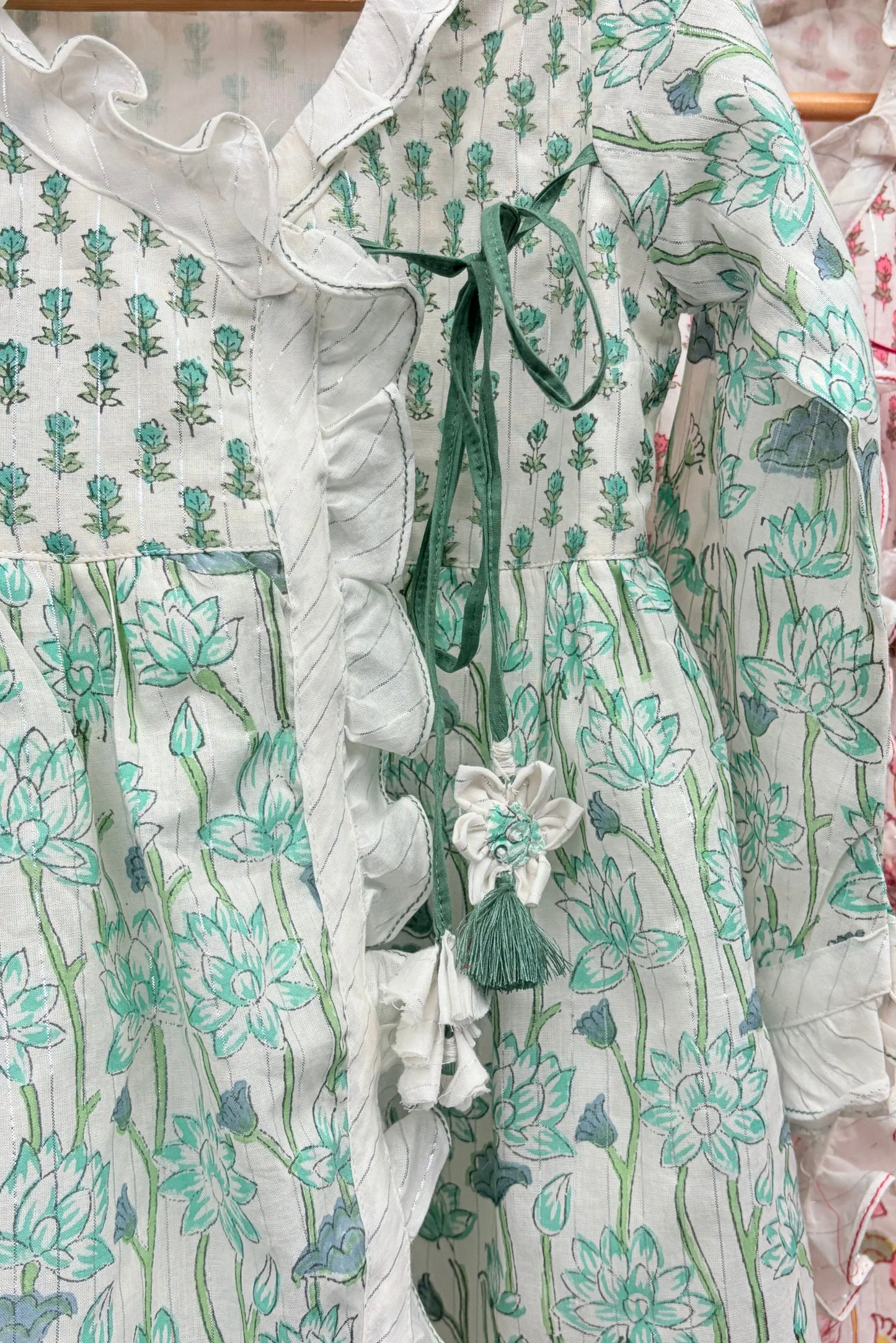 Cotton Silver Lines Handblock Dreamy Angarakha Dress - Green