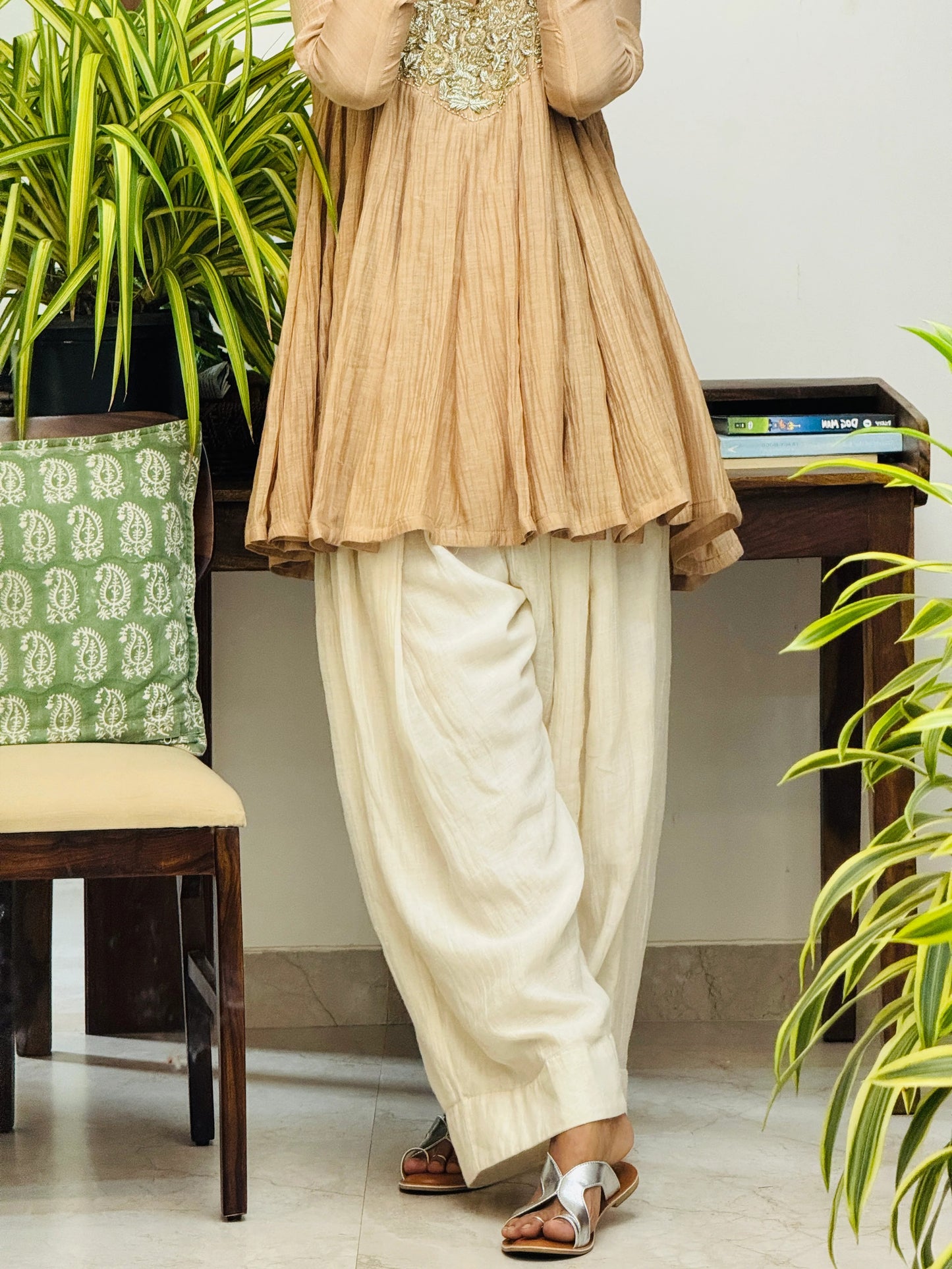 Beige Mul chanderi embroidered Short Anarkali with Farshi Salwar