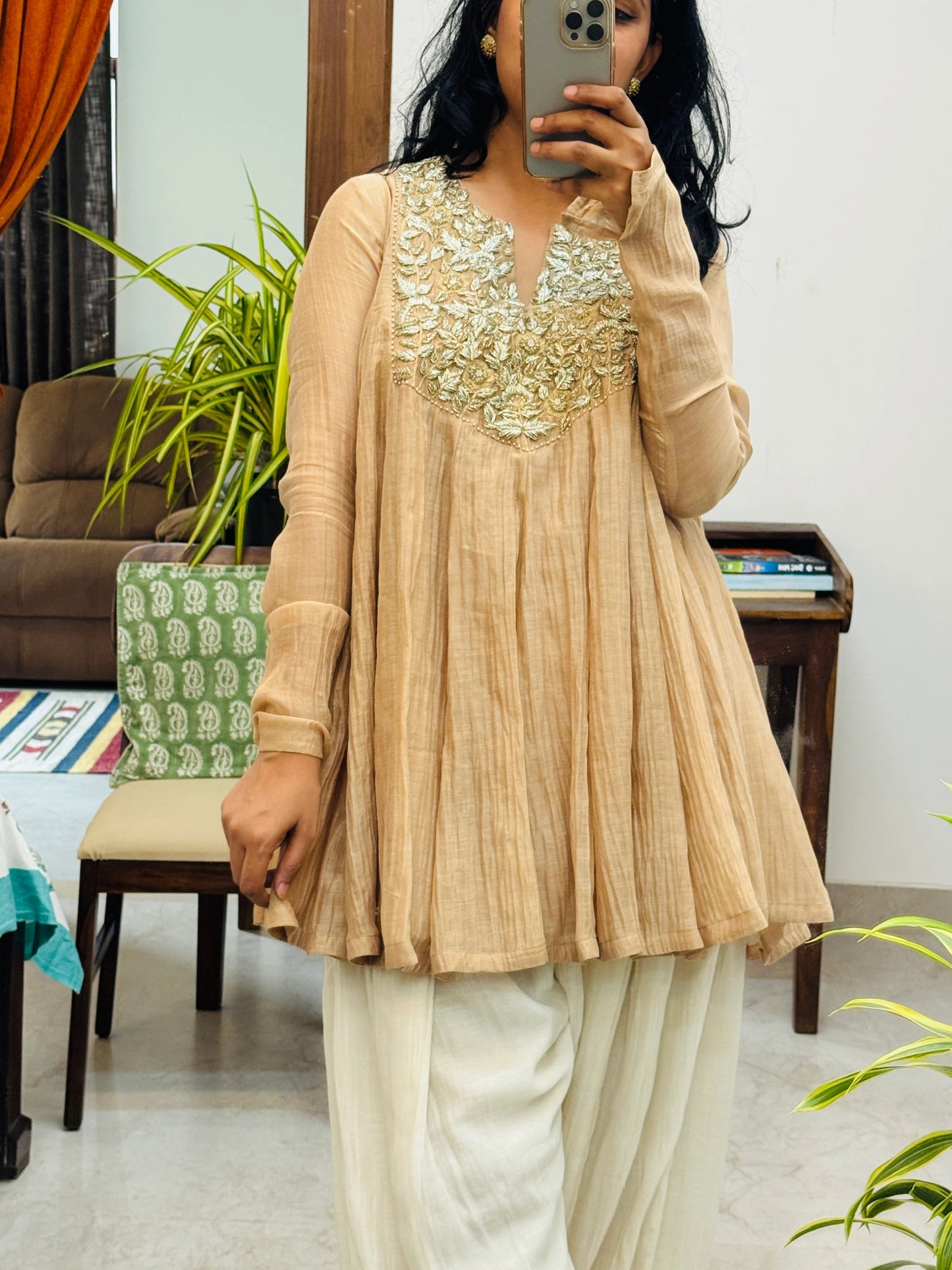 Beige Mul chanderi embroidered Short Anarkali with Farshi Salwar