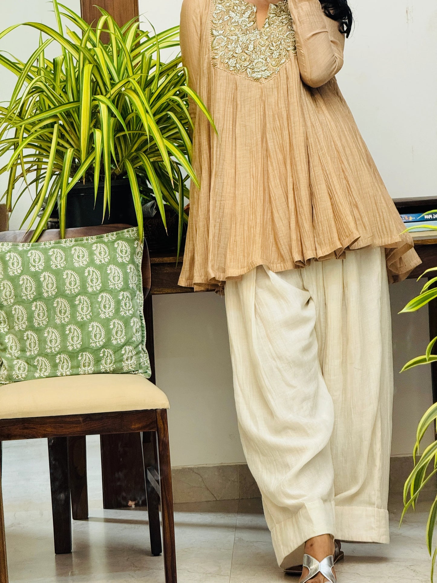 Beige Mul chanderi embroidered Short Anarkali with Farshi Salwar