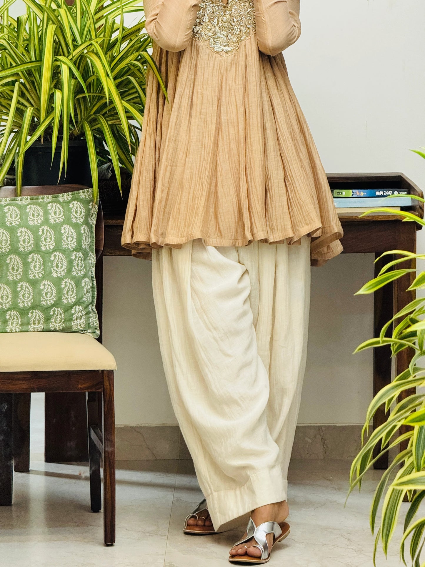 Beige Mul chanderi embroidered Short Anarkali with Farshi Salwar