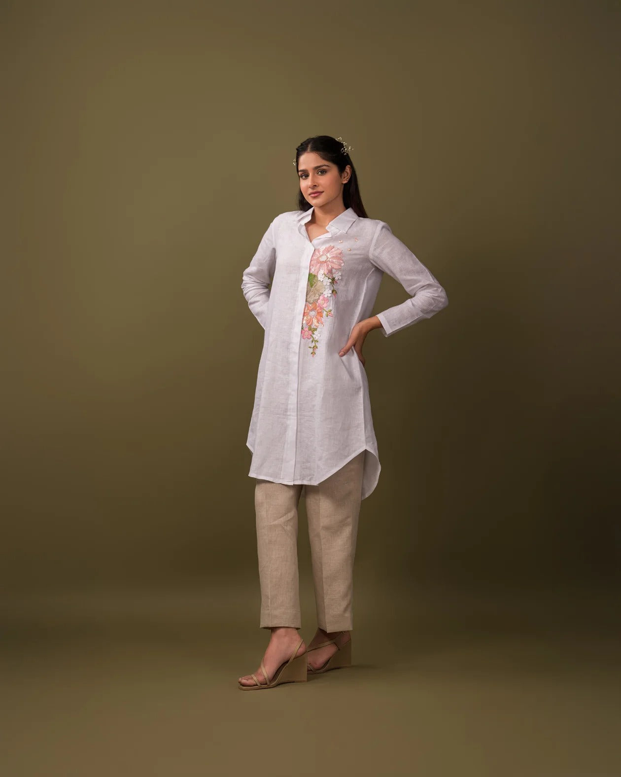 100% Linen Avian Shirt Dress and Pant - White