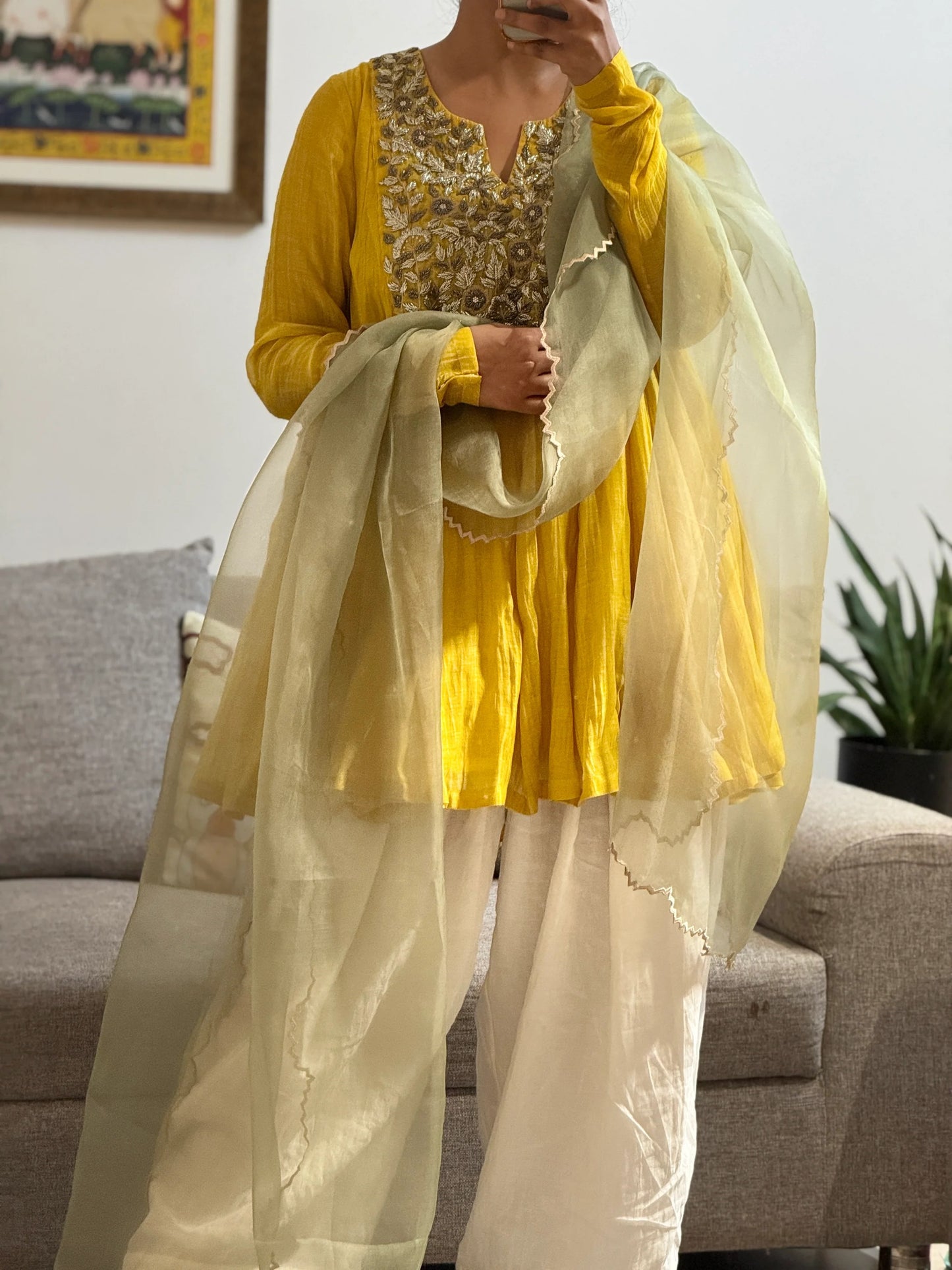 Yellow Mul chanderi embroidered Short Anarkali with Farshi Salwar