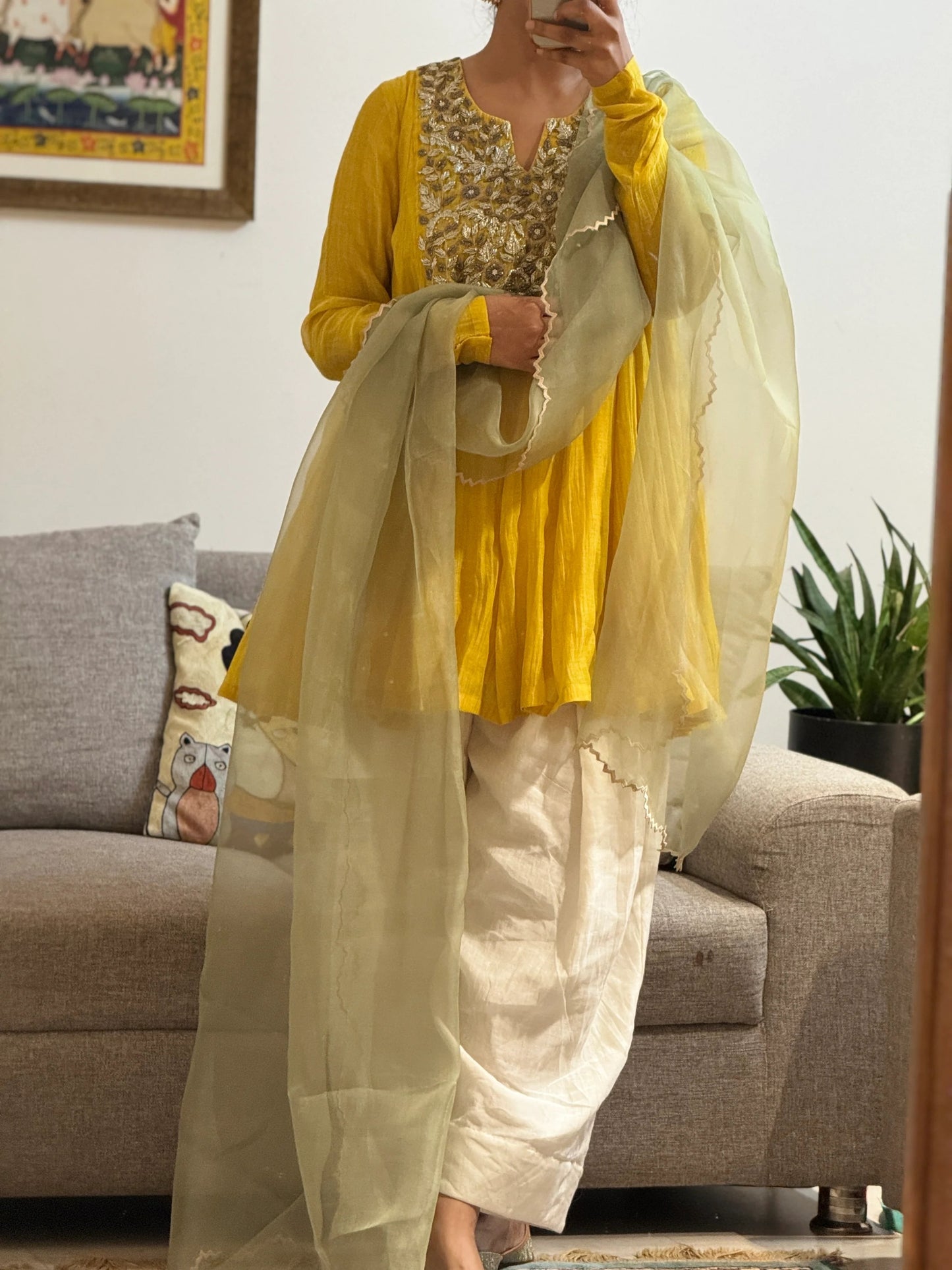 Yellow Mul chanderi embroidered Short Anarkali with Farshi Salwar