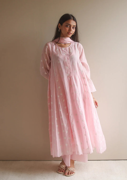 Pure Mul Chanderi Blush Polka Dots Kurta Set