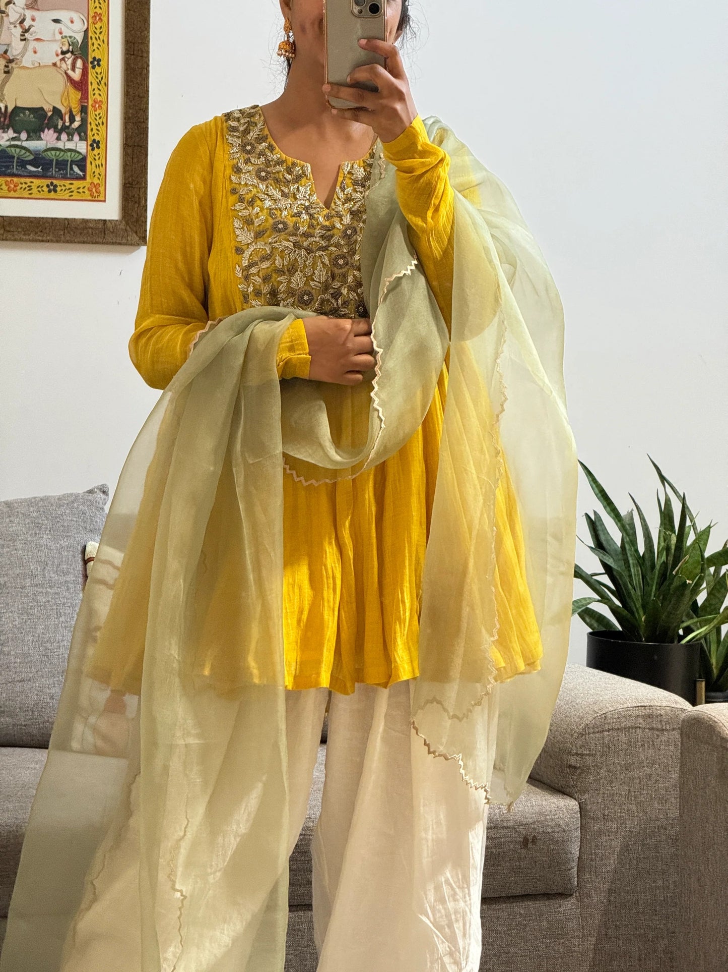 Yellow Mul chanderi embroidered Short Anarkali with Farshi Salwar