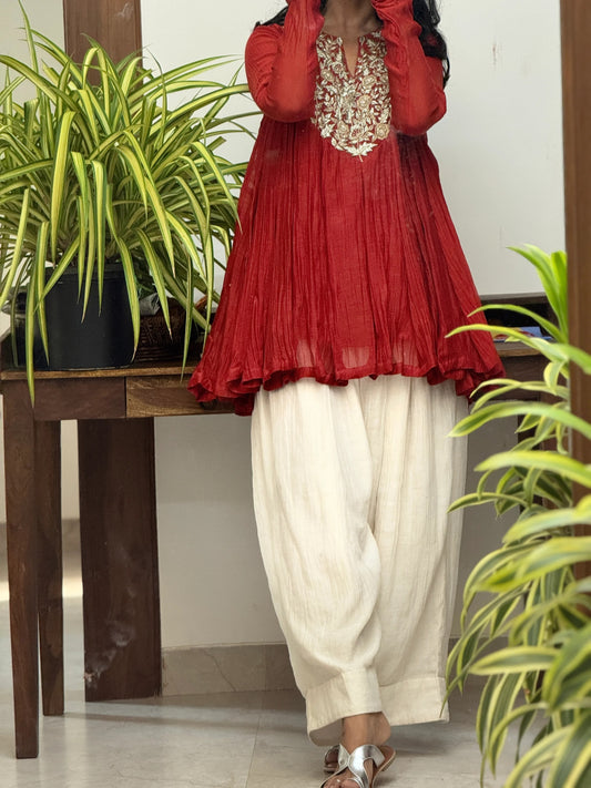Mahroon Mul chanderi embroidered Short Anarkali with Farshi Salwar