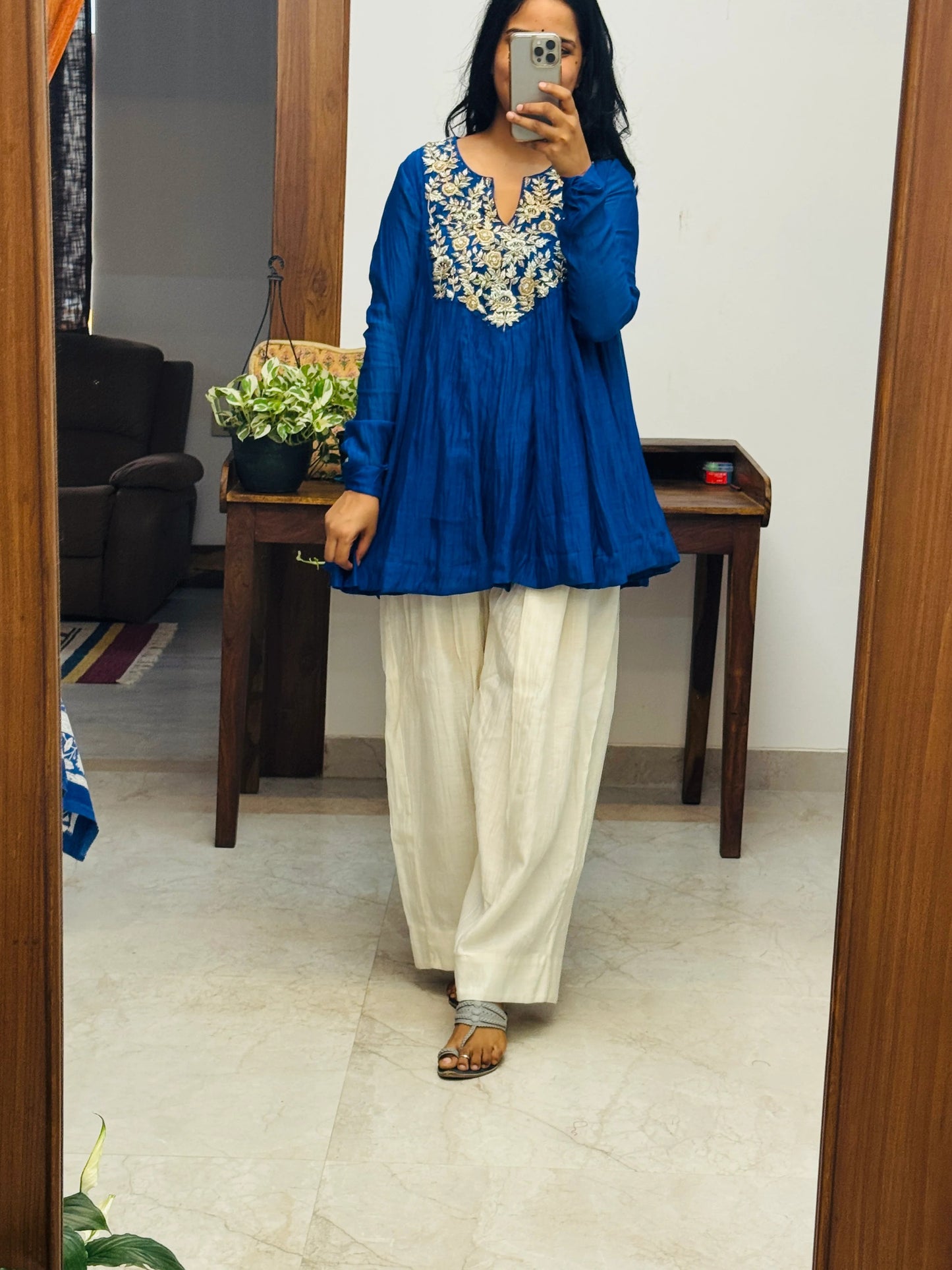 Royal Blue Mul chanderi embroidered Short Anarkali with Farshi Salwar