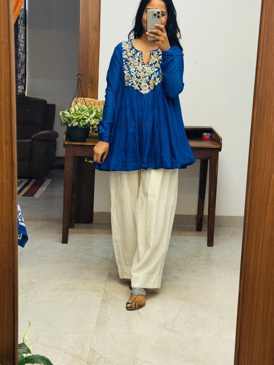 Royal Blue Mul chanderi embroidered Short Anarkali with Farshi Salwar