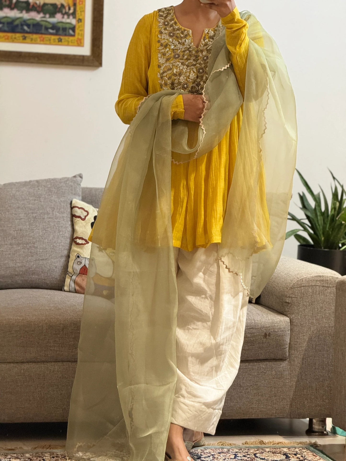 Yellow Mul chanderi embroidered Short Anarkali with Farshi Salwar
