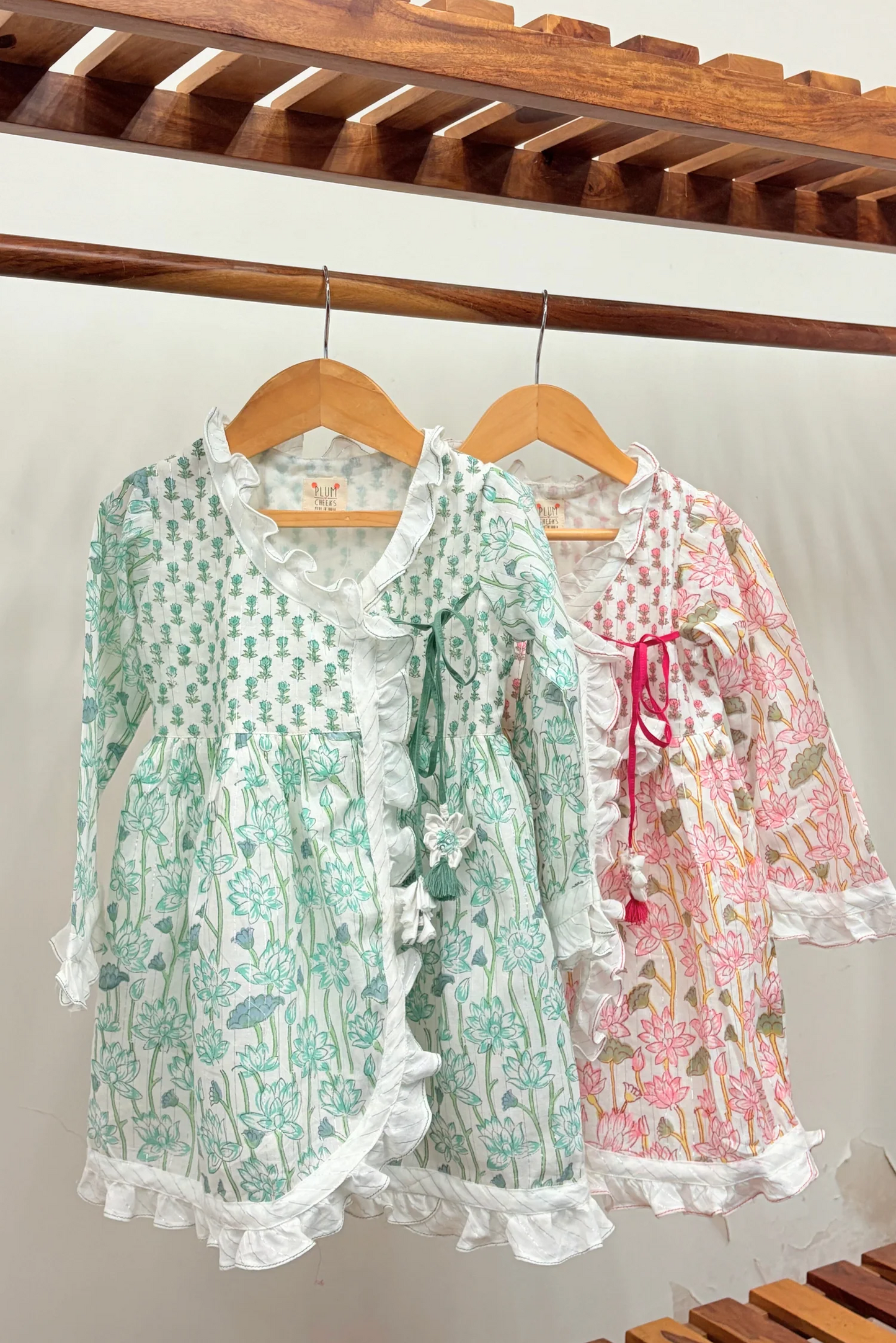 Cotton Silver Lines Handblock Dreamy Angarakha Dress - Green