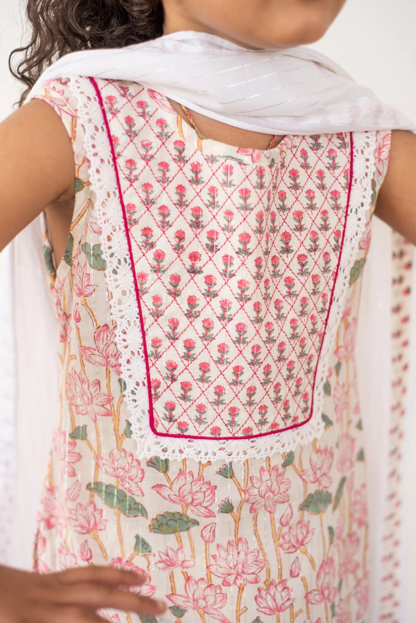 Organic Cotton Hand-block Lotus Lacey Sharara Set - Pink