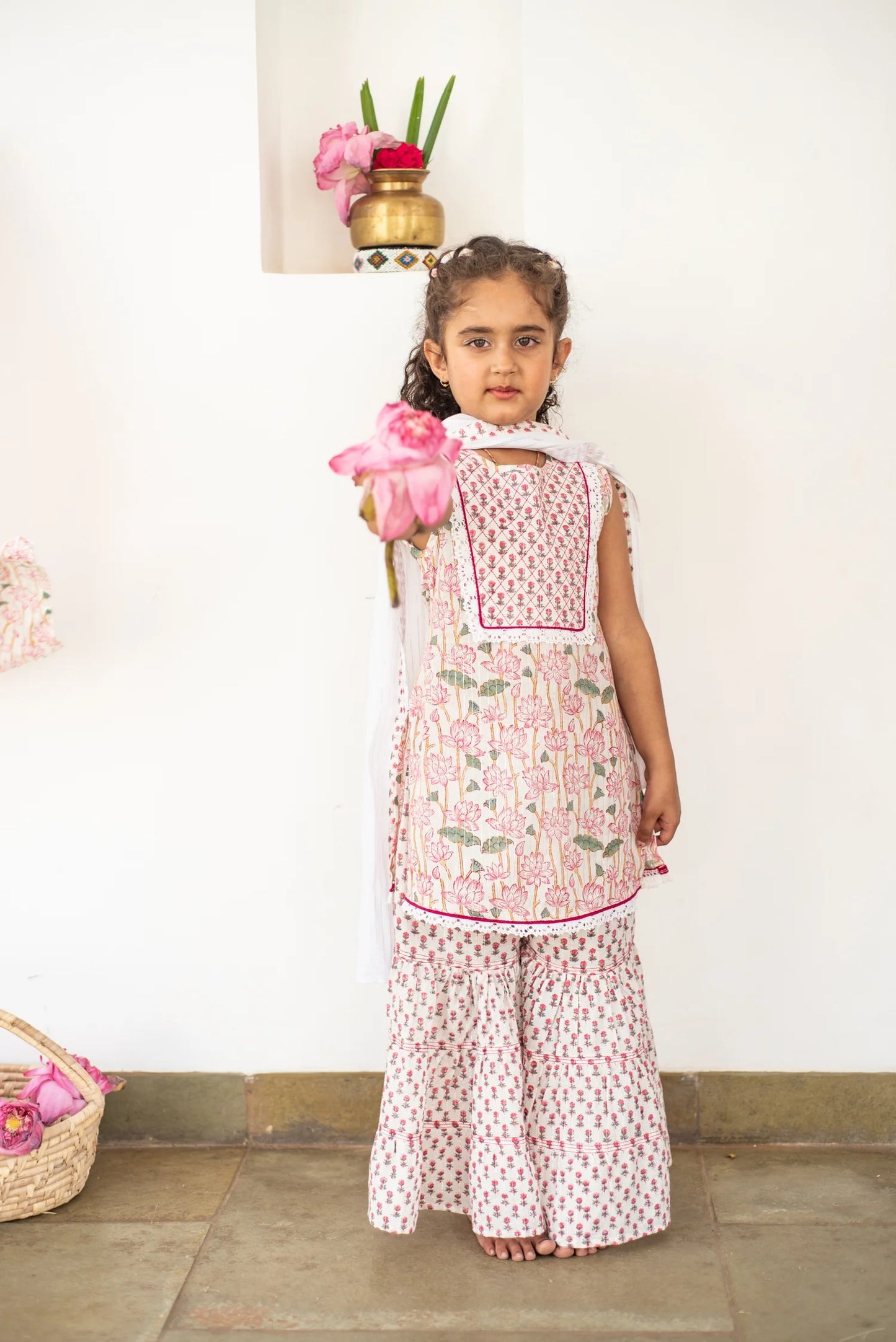 Organic Cotton Hand-block Lotus Lacey Sharara Set - Pink