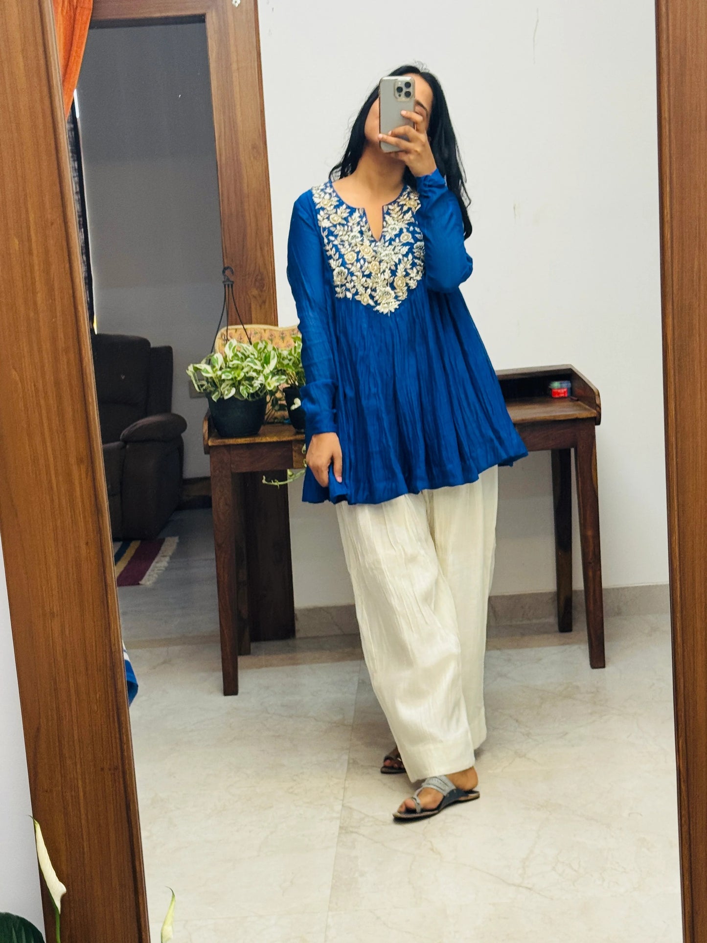 Royal Blue Mul chanderi embroidered Short Anarkali with Farshi Salwar