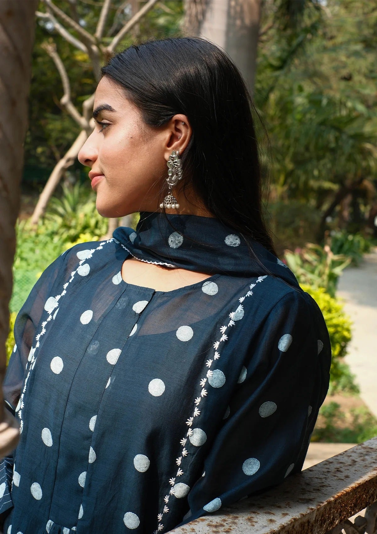 Pure Mul Chanderi Midnight Blue Polka Dots Kurta Set